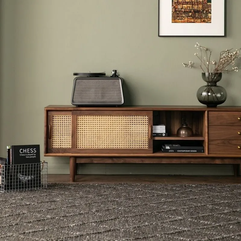 TV Cabinet With Sleek Rattan Sliding And 3 Draws